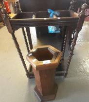 Early 20th century oak barley twist three section stick and umbrella stand with drip tray,