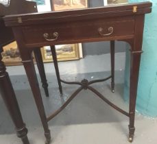 Edwardian mahogany inlaid and herringbone design envelope folding swivel card table on X stretcher