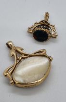 Art Nouveau design 9ct gold revolving hard stone fob together with another 9ct gold blood stone