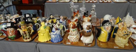 Four trays of Tony Woods Studio Staffordshire and other novelty teapots and character jugs to