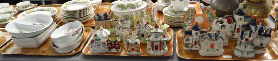 Two trays Staffordshire pottery and similar items to include: building ornaments, money boxes, spill