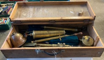 Pine workbox containing collection of brass sprayers, spring balance scales and other interesting