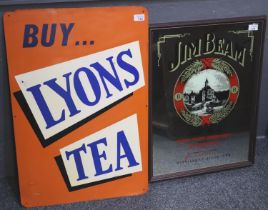 Vintage enamel sign 'Buy Lyon's Tea'. 75x50cm approx. Together with a framed advertising mirror 'Jim