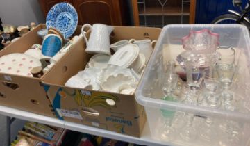 Two boxes of assorted china to include: Portmeirion items, blue and white Delft dish, white
