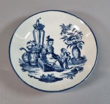 18th century First Period Worcester blue and white saucer, transfer printed with mother and child