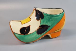 Clarice Cliff Art Deco 'Fantasque' hand painted clog or shoe. 14cm long approx. (B.P. 21% + VAT)