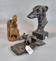Cast metal bust of a greyhound or lurcher, together with a bronzed study of a recumbent lurcher or