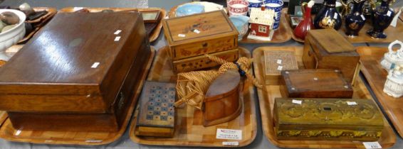 Three trays of assorted items to include; wooden jewellery, trinket and pencil boxes, wooden inkwell