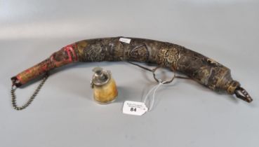Unusual Middle Eastern metal mounted powder horn together with a small horn metal mounted flask/