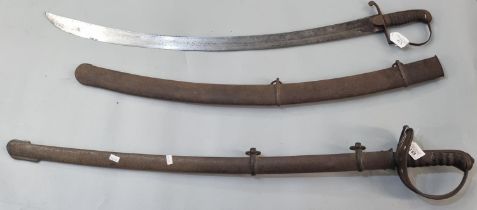 Probably British heavy Cavalry sword with leather grip and pierced solid hilt in metal scabbard.