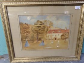 British Naïve School (19th century), figures playing Croquet on a lawn. Watercolours. 33x46cm