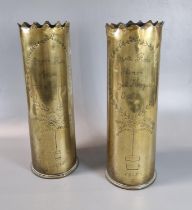 Trench Art - pair of brass WWI shell cases dated 1918 with engraved inscription 'Mell Rose, Henon,