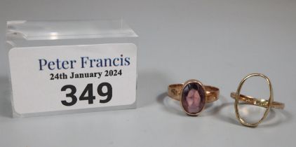9ct gold ring missing an oval stone, together with 9ct gold ring with amethyst coloured stone. 3.