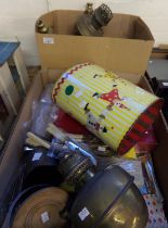 Two boxes of assorted items to include: oil lamps, pewter items, clown bin, flat ware etc. (2) (B.P.