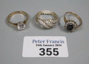 Three 9ct gold rings, one of solitaire design. Total weight 10g approx. Sizes: N. O and O. (3) (B.P.