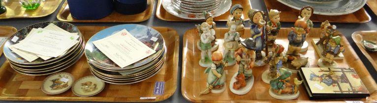 Two trays of West German Goebel Hummel figurines and collectors plates and similar items. (2) (B.