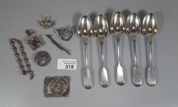 Set of five 19th century teaspoons with London hallmarks. 4.12 troy oz approx. Together with