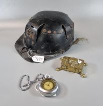 Vintage Miner's helmet together with an Ingersoll pocket watch in chrome case and brass souvenir