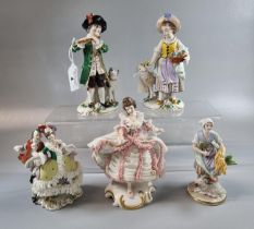 Collection of five continental porcelain figurines and figure groups, some with animals. (5) (B.P.
