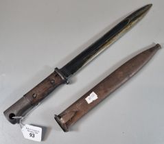 German Mauser type bayonet with steel scabbard, the blued blade marked 'F Erderer'. Missing top