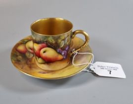 Royal Worcester coffee can and saucer hand painted with fruits, signed H Everett. Puce printed marks