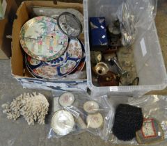Two boxes of oddments to include: coral sculpture, Japanese Imari and other plates and chargers,