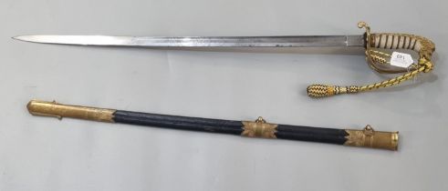 British Naval officer's sword, having wire bound shark skin grip, lion pommel with solid hilt