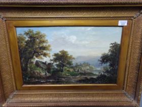 British School (19th century), river scene with figures and cottage, indistinctly signed. Oils on