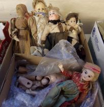 Box of vintage fabric and bisque headed dolls, doll parts etc. some with painted features and
