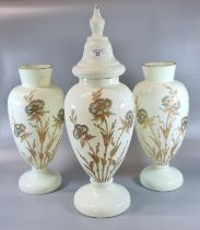 Victorian opaline glass gilded and relief hand painted floral and foliate vase garniture set. (3) (