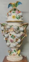 Large Meissen porcelain 'Schneeballen' urn and cover of baluster form with branch handles, the domed