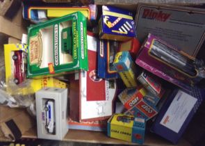 Box of diecast model vehicles and other items, to include: replica Corgi Toys 55 Forsdon tractor and
