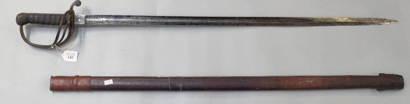 George V British Army Officer's sword, having wire bound shark skin grip, pierced three bar hilt,