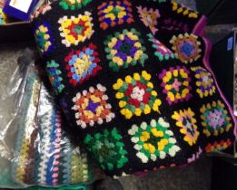 Nice quality vintage woollen multi-colour crochet blankets; two striped and one in square