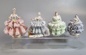 Group of four porcelain figures of ladies to include: two continental figures and two Irish Dresden;