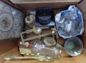 Two boxes of china and other items to include: vintage soda syphon, glass decanter stoppers,