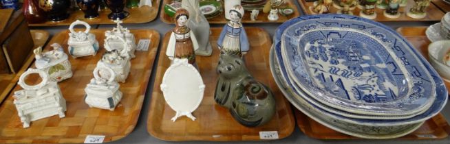 Three trays of china to include: Staffordshire pottery blue and white willow pattern meat plates,