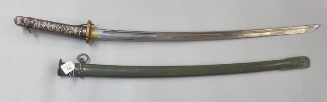 Japanese military sword, having painted white metal grip, yellow metal tsuba and a numbered single