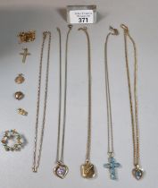 Bag of assorted gold and other items to include: chains, 9ct gold crucifix pendant, locket, brooch