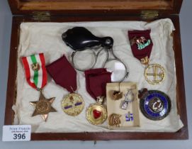 Wooden box comprising Goodyear 20 years silver pin badge, Order of the Moose silver medals, WWII