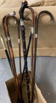 Collection of vintage walking sticks and canes, to include: blackthorn, silver collared, Chinese