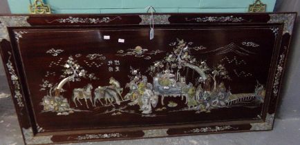 Chinese mother of pearl inlaid hardwood wall hanging panel decorated with figures in a landscape
