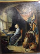 Blishen, study of a woman in 198th century dress playing harpsicord in an interior, signed and dated