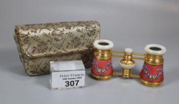 Case pair of French Altex Paris enamel and mother of pearl opera glasses in fitted fabric case. (B.