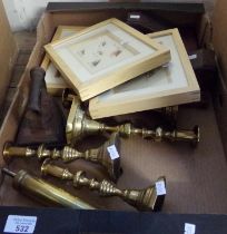 Box of assorted items to include: brass candlesticks, vintage brass oil syringe, wooden bookends,