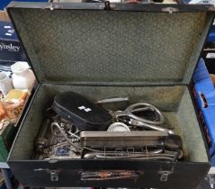 Vintage suitcase and box containing medical equipment to include; cased otoscopes, chloroform