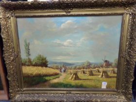 D Shizer, harvesting scene with windmill, signed. Oils on canvas. 60x80cm approx. Gilt frame. (B.