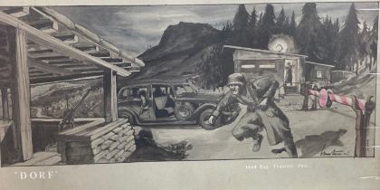 'Dorf', two WWII cartoon style studies of German soldiers entitled '1944 Ext. Frontier Post' and '