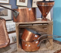 Collection of 19th century copper saucepans with iron handles, together with a copper conical