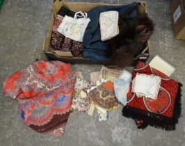 Box of vintage fabric and accessories to include: fur stole, early 20th century printed shawls, silk